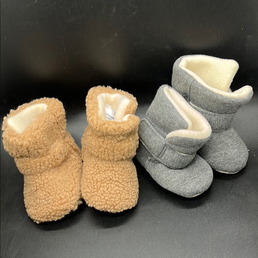Cozy Baby Booties - Gray and Camel Sherpa Size 3 infant
